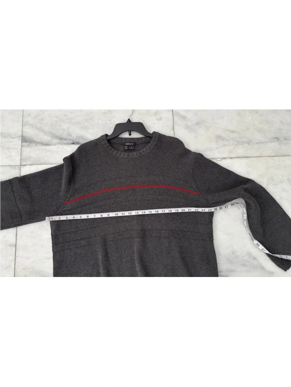90s VTG DKNY Sweater Gray Red Stripe Pullover Long Sleeve Cotton Mens XL Preppy